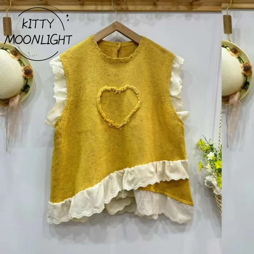 Knit Love Vest Sweater Mori Girl Sweet Knitted Vest Autumn Winter Women Kawaii Sleeveless Sweater Tops Cute Knitwear Pullovers