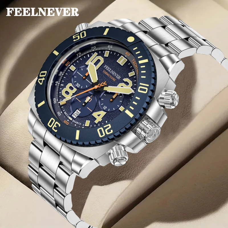 FeelNever Luxury Quartz Man Watch Fashion Casual Auto Date 316L Stainless Steel Waterproof Luminous Watches Male SEIKO-VK63 Gift view 6
