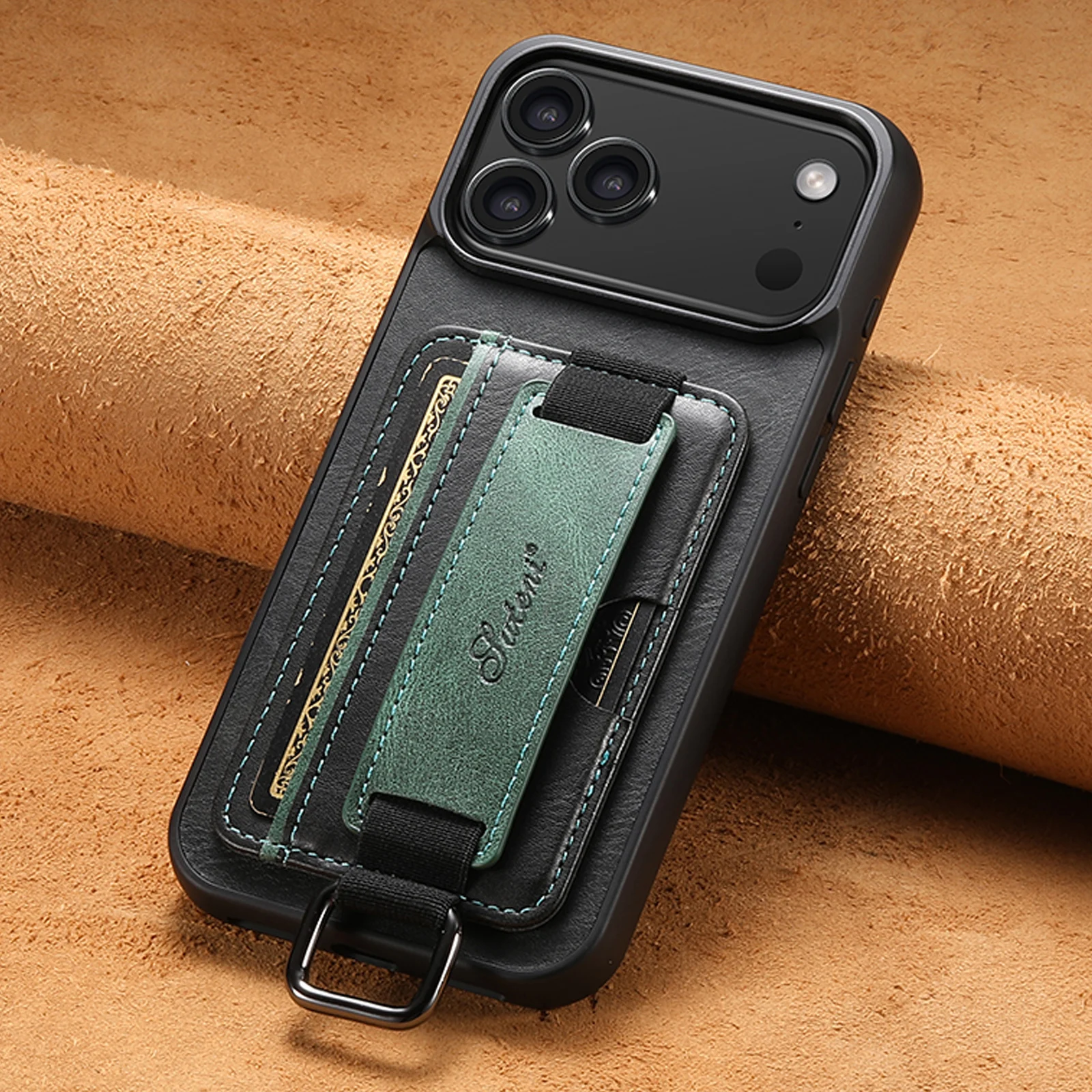 SUTENI Smooth Material Phone Case Wrist Strap Ring Buckle Faux Leather Card Holder Stand For iPhone 17 Pro Max 16 Plus 15 14 13