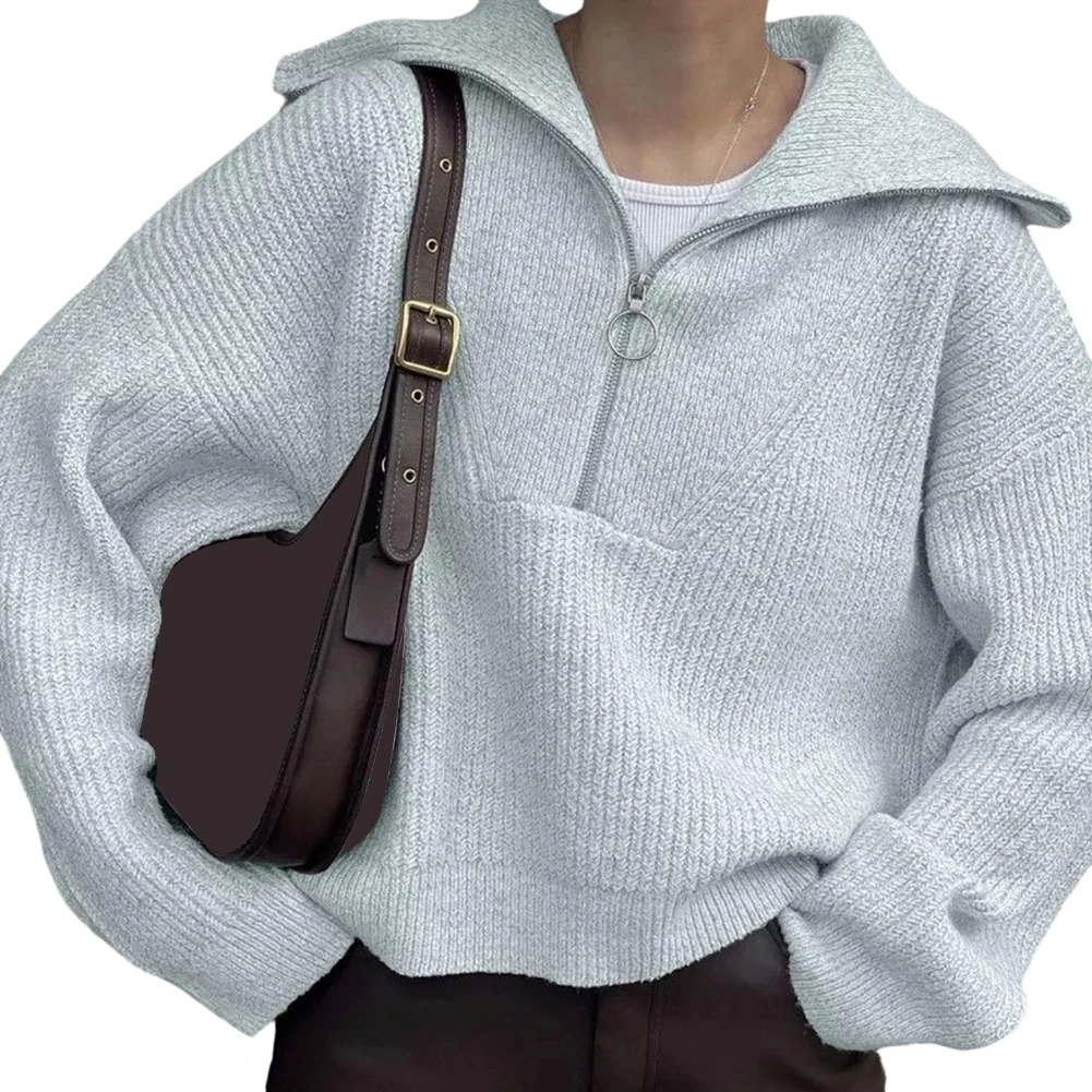 Solid Color Casual Sweater for Women with Lapel Collar Long Sleeves Loose Fit Pullover Suitable for Various Seasons