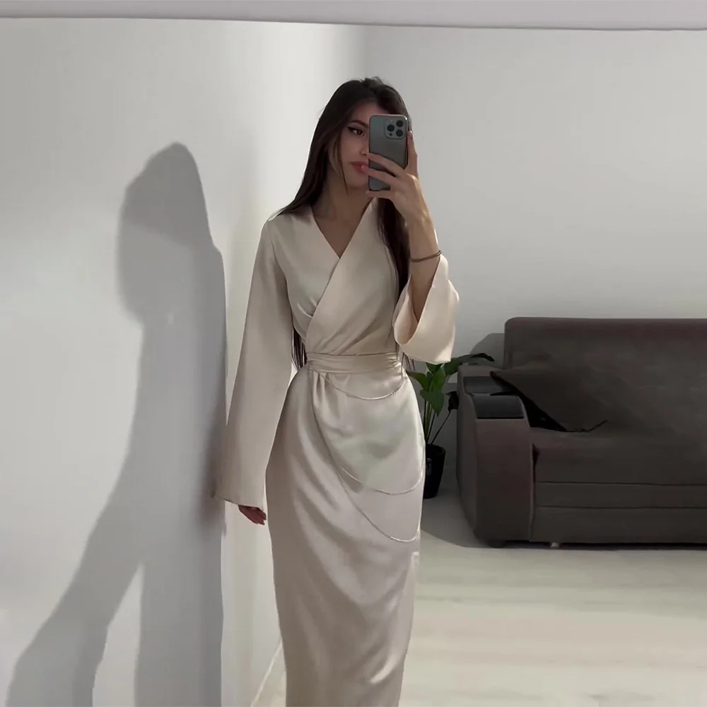 Satin Elegant Solid Long Dress Women V Collar Lace Up Long Sleeve Dresses with Metal Chain Female 2024 Spring Autumn Lady Robe