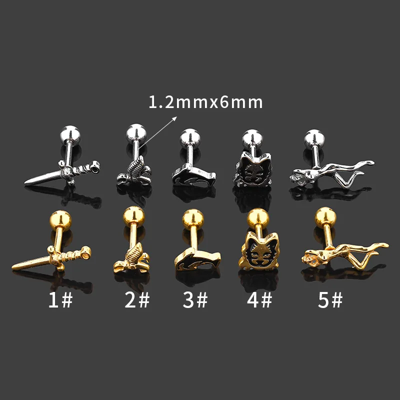 

New Style Stainless Steel Rook Piercing Zircon Earrings CZ Statement Helix Gold Silver Tragus Piercing Dolphin, Beauty, Lion