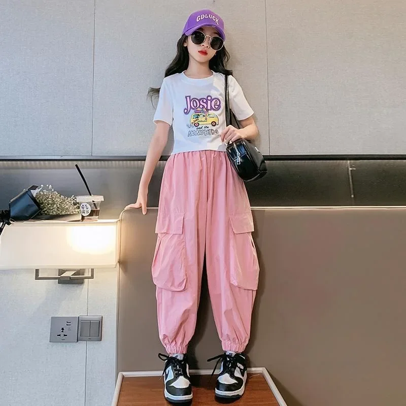 2024 Teenager Girl summer Kids Clothes letters crop top t-shirt tops +  Ankle-tied cargo pants Tracksuit Children set 11 12 year