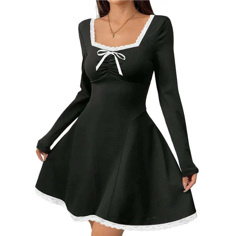 

CYL-Fall Мини-платье с длинными рукавами, кружевное, с U-образным вырезом, на завязках, А-силуэт, милое повседневное короткое платье для вечеринок для женщин