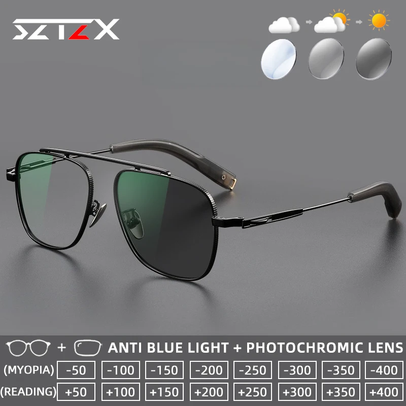 

SZTZX титановые фотохромные очки для чтения с антибликовой оправой для пилотов, очки для близорукости, прогрессивные очки по рецепту