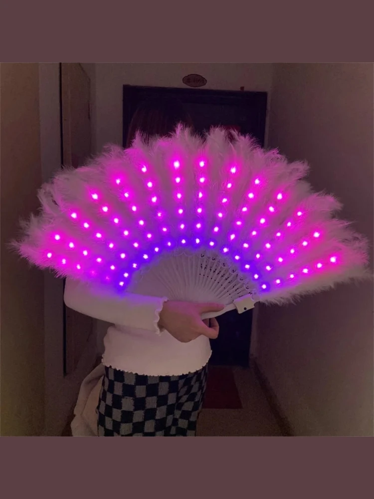 Color Change LED Glowing Fan Feather Folding Fan Dancing Light Night Fluorescent Bar LED Fan Lamp for Nightclub Party Wedding