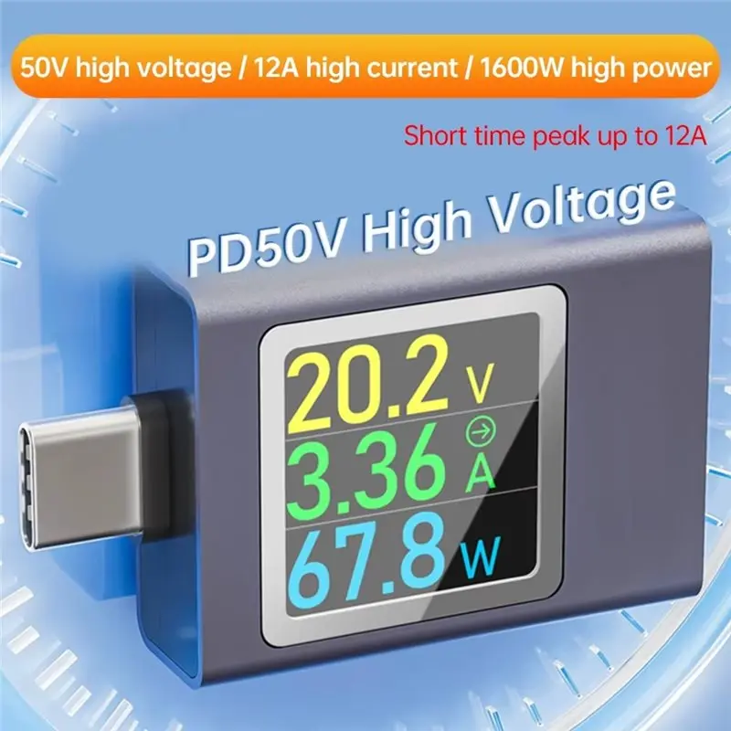 ABGI Multi-Function Digital Display Voltage Ammeter, Type-C PD3.1 DC 4.5-50V 0-12A Power Meter Tester for Phone Charging