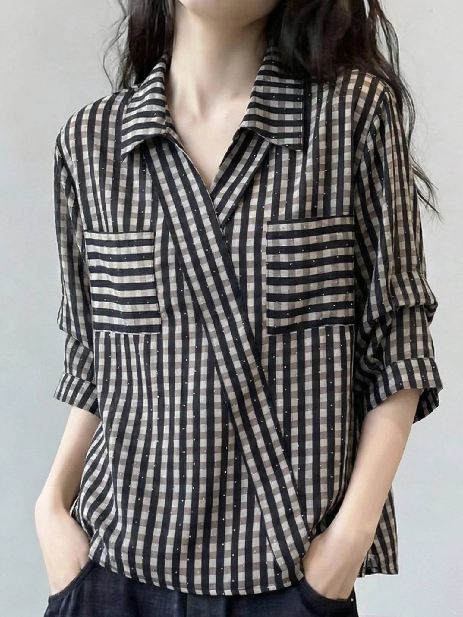 

Elegant Plaid Short Sleeve Shirt Women's V-neck Shoulder-Length Korean Style Casual Fashion Spring Summer New plus Size