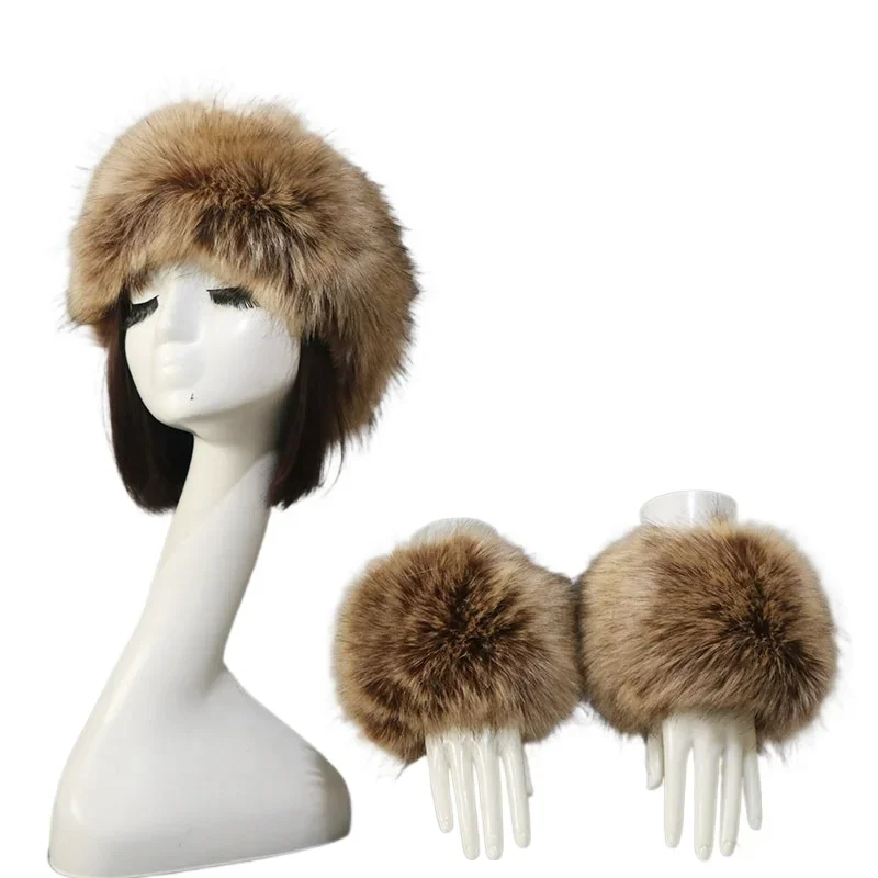 3Pcs Russian Style Warm Plush Wrist Sleeve Gloves Empty Top Faux Fur Cap Winter Faux Fox Fur Headband Hats Cuffs Set for Women