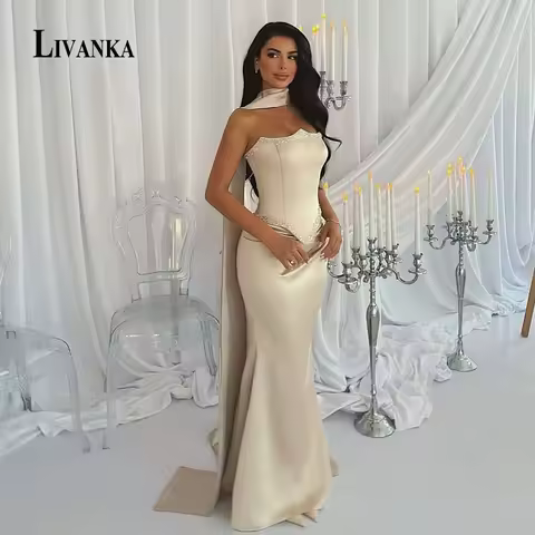LIVANKA Trendy Mermaid Evening Dress for Woman Satin Cape Special Event Dress Saudi Arabric Vestido de Graduacion Customized