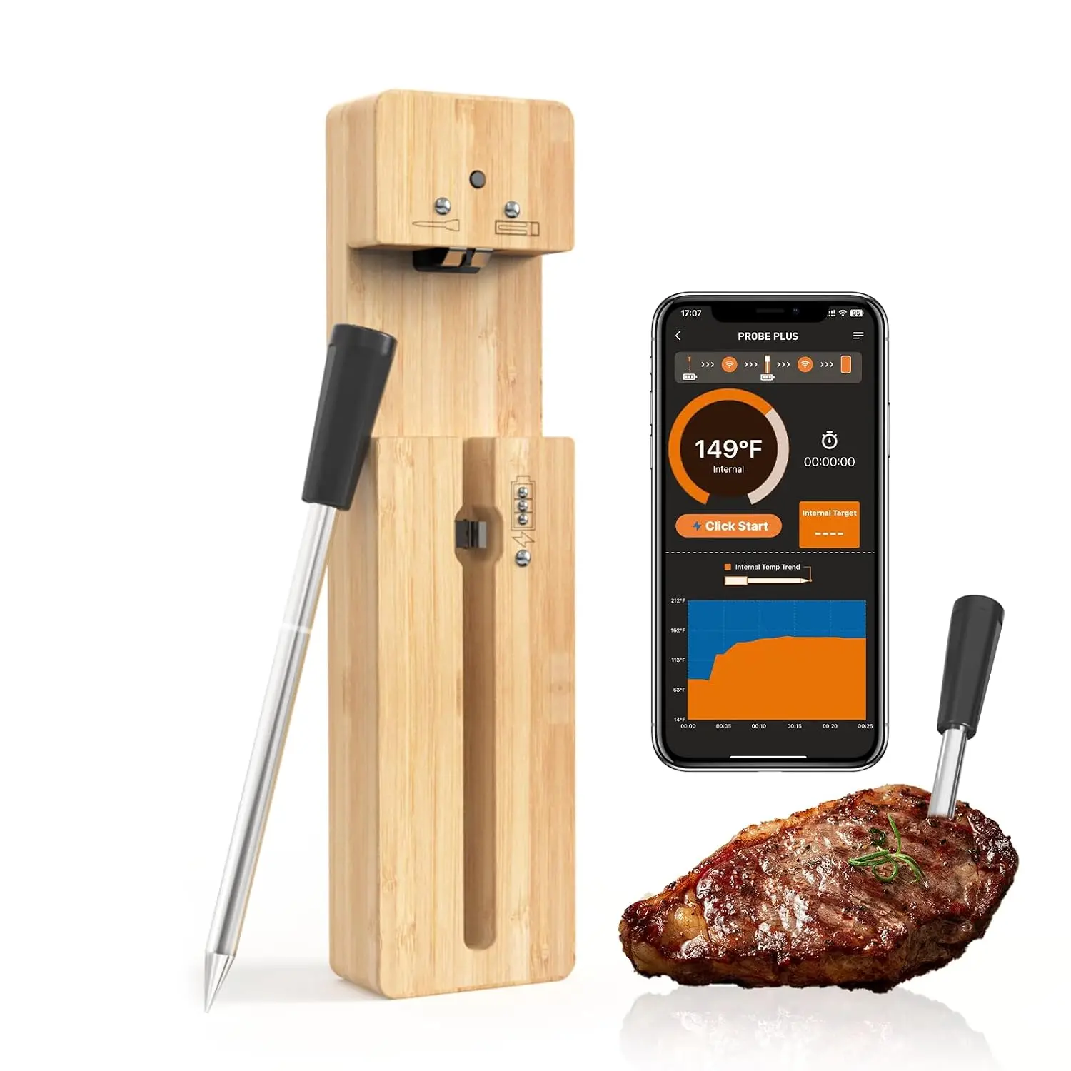 

Wireless Meat Thermometer with Smart APP, Long Range & Fast Charge, Digital Food Thermometer for Grill, Oven, Smoker