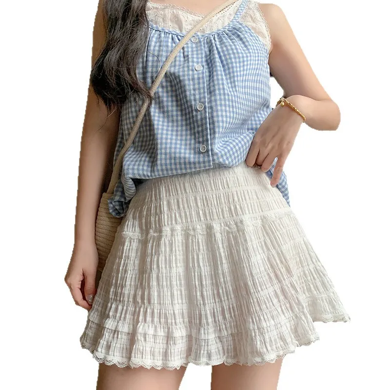 Saia curta de renda branca, primavera e outono verão nova saia de bolo estilo balé feminino, cintura alta linha a saia meia fofa