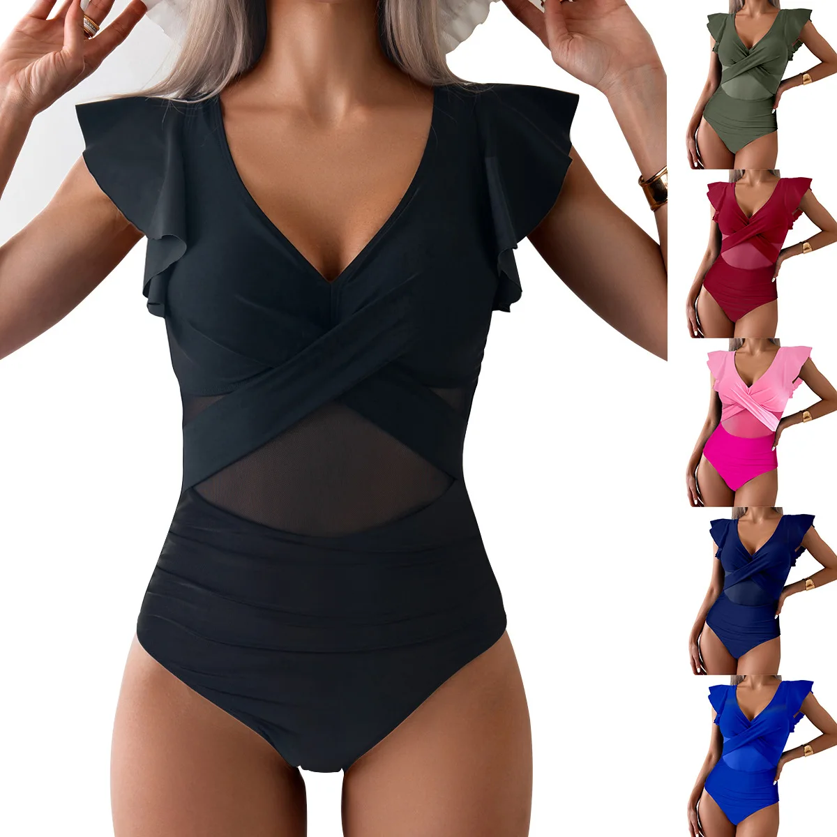 Women's Swimsuit 2025 Trend Tummy Control V Neck Sexy Bikini Ruched Bathing Suits Slim Fit Ruffle Sleeve Swimwear