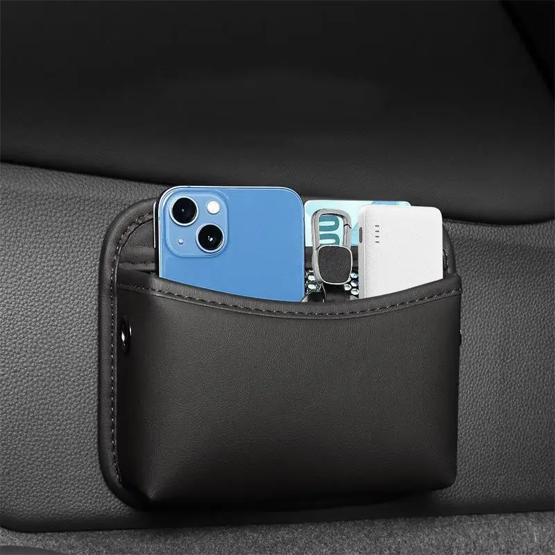 New PU Leather Car Organizer Pocket Bag For Collecting Bag Cards Phone Key Paste Box Self Adhesive Car Storage Pocket