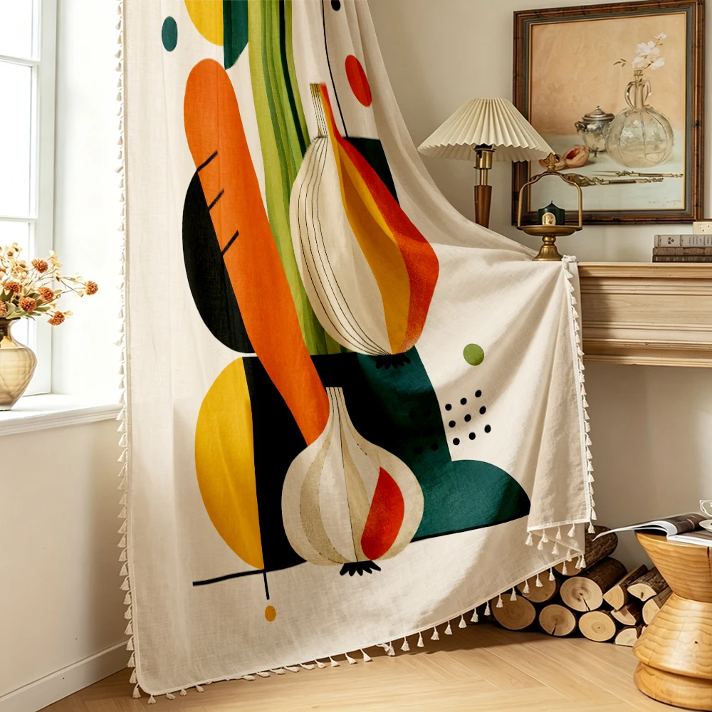 1PC Vegetable Tassel Sheer Curtains, Carrot Onion Garlic, Digital Print, Polyester, Bedroom Living Room Kitchen, Home Decor