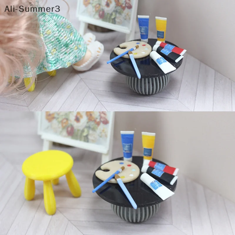 1/12 Puppenhaus Mini Pigment Tube Pinsel Palette Modell Puppenhaus Wohnzimmer Kunst Liefert Dekoration Puppen Haus Zubehör