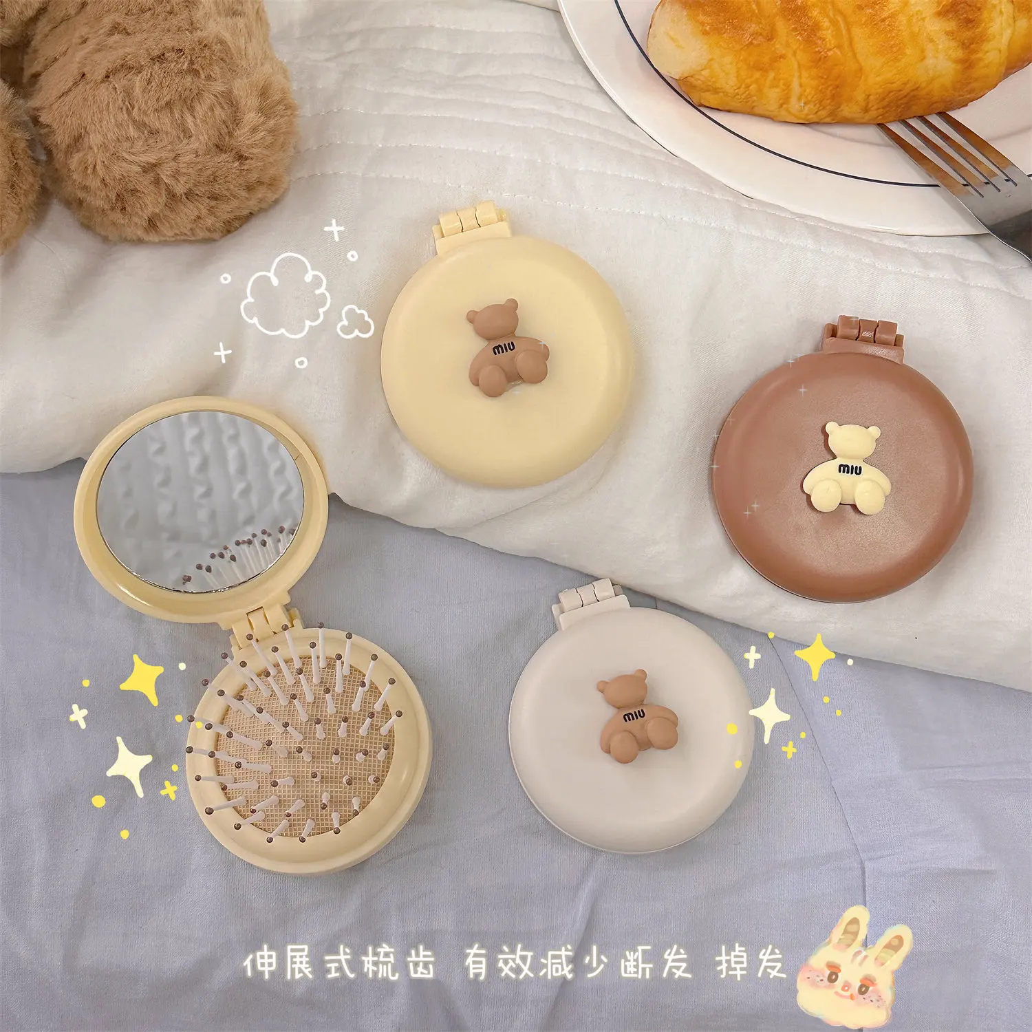 Cute Folding Air Cushion Comb with Mirror Portable Travel Hair Brush for Girls Massage Plastic Small Comb Makeup Mirror