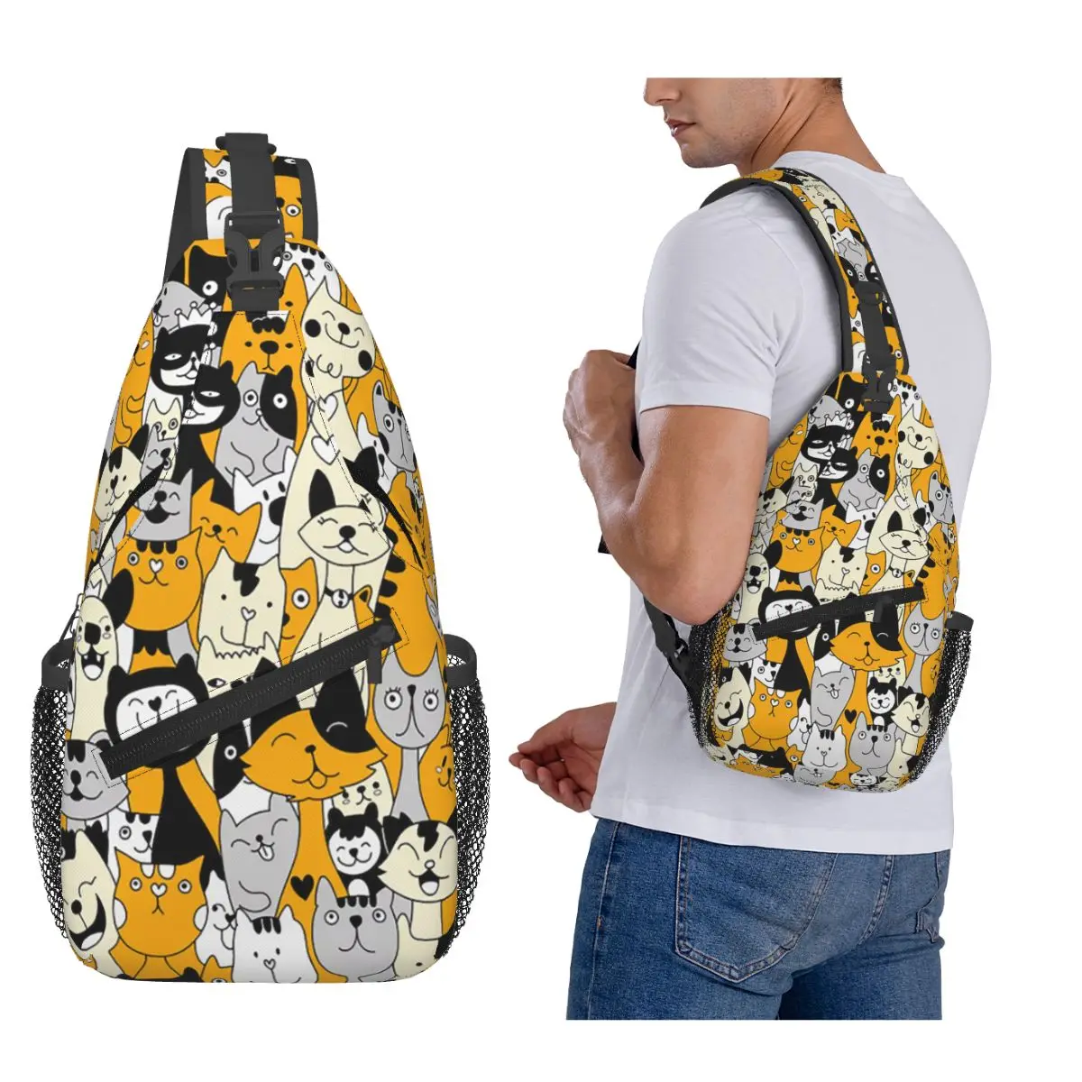

Cute Kitten Cat Pattern Chest Bag Men Sling Crossbody Backpack Chest Bag Travel Hiking Daypack Shoulder Bag