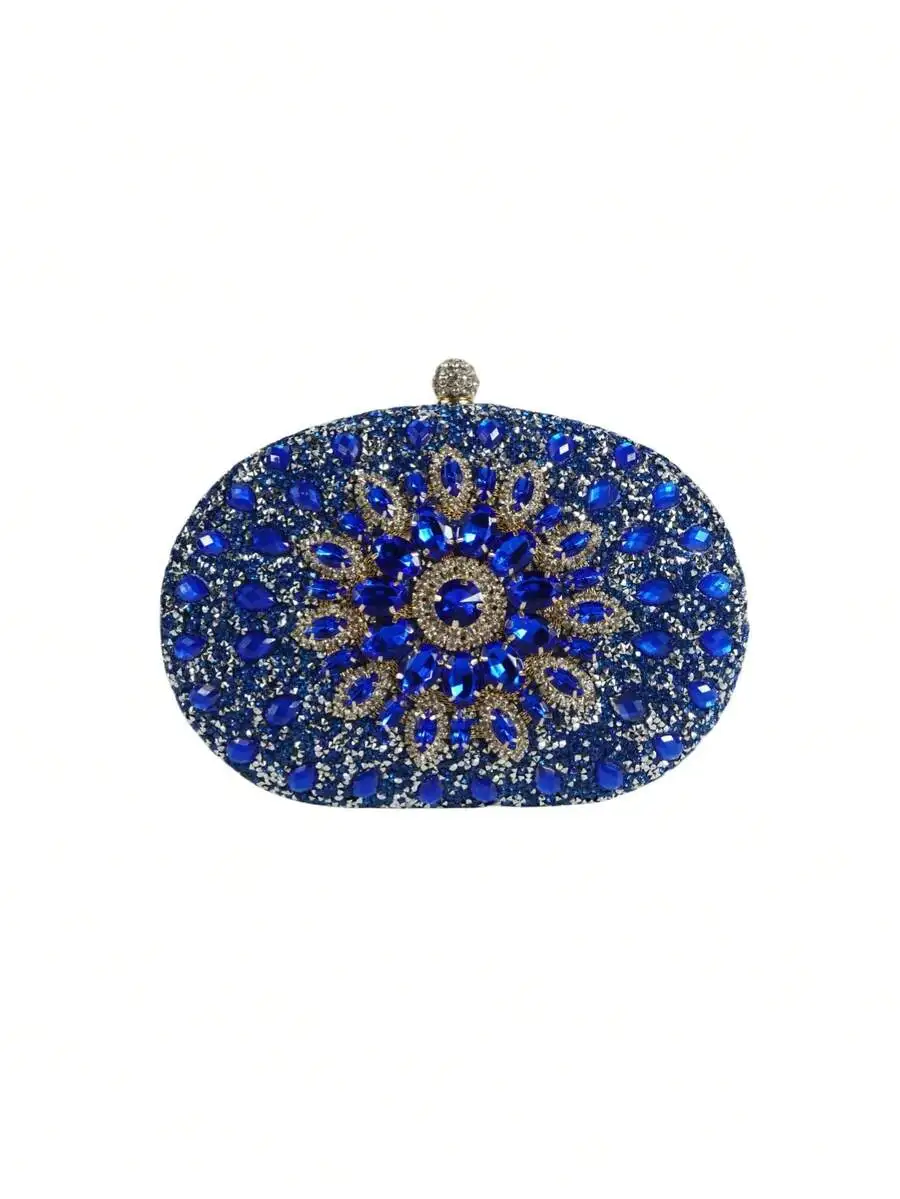 

Blue Crystal Embellished Clutch Evening Bag with Floral Motif
