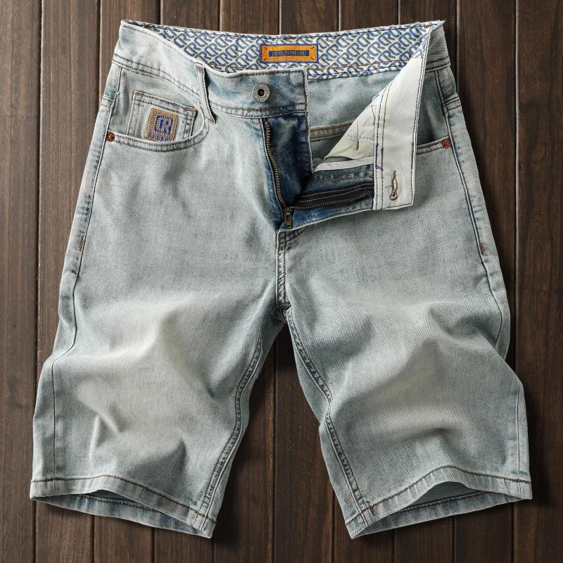 Men's 5-Inch Denim Shorts, Vintage Embroidered Pattern Summer 2026, Thin, Slim, Straight, Elastic, Versatile For Daily Use