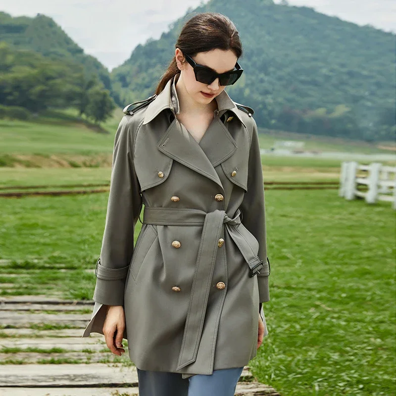 Simple Mid-length Trench Coats for Women Spring Autumn 2025 New High-end Solid Casual Double Breasted Belted Elegant Windbreaker