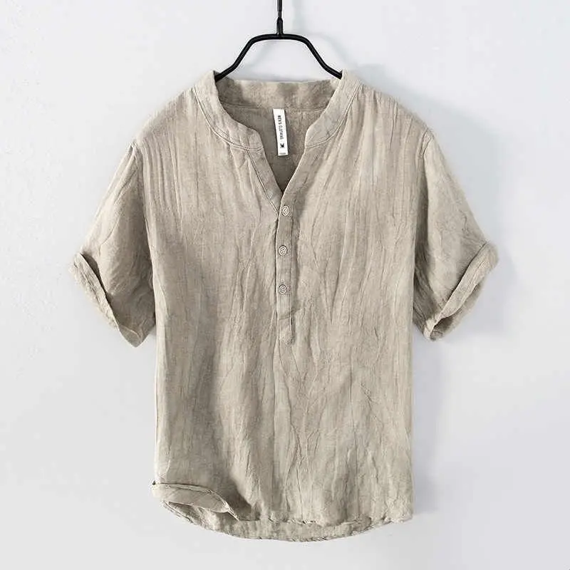 Spot 2025 Men's Color Cotton Linen Middle Shirt Cleanfit Style  Collar Nine Sleeve Length PU Leather Thickened Fleece Lined