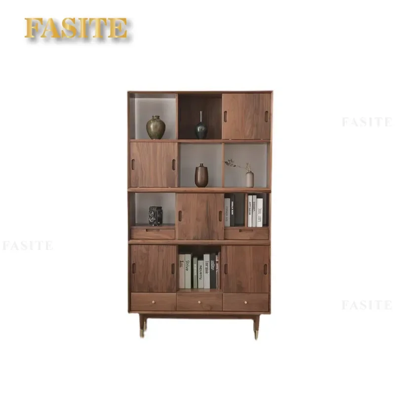 For Nordic All Solid Wood Black Walnut Bookcase Modern Simple Log Cherry Wood Shelf Lattice Storage Bookshelf Home Office