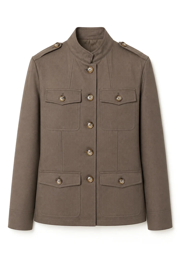 K2540W Luxuriöse Damen-Militärjacke aus Strukturiertem Wollmischgewebe mit Stehkragen, Tailliertem Schnitt und Eleganter Oberbekleidung – Detail 13