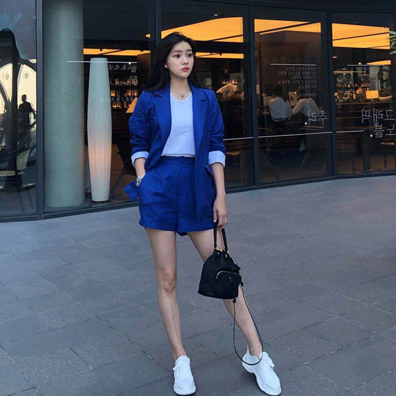 

Loose Cotton Linen Wide Leg ort Pants Women's Korean Sle Faion Set Two Pieces Blue Suit Casual Wear for Adults