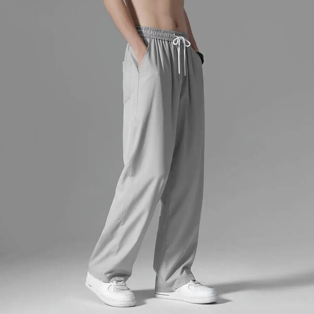 Ice Silk Pants Men's Summer Drawstring Elastic Pockets Draped Men Pants Trend Loose Solid Color Straight Wide Leg Thin Trousers