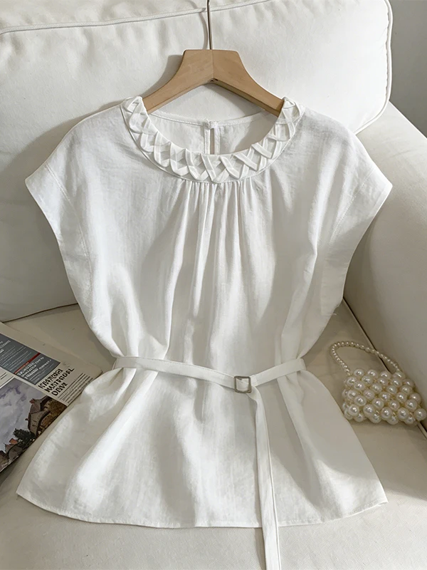 

Elegant Summer Sleeveless T-Shirt Women's plus Size Lace Collar Slimming Shirt Korean Style Breathable Skin-Friendly Casual Wear