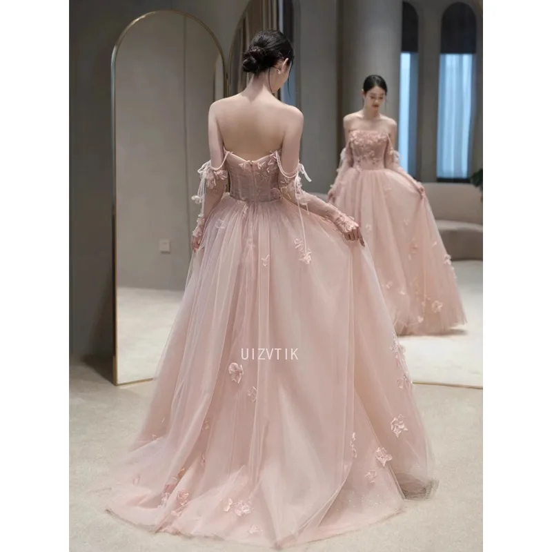 فساتين سهرة أنيقة وردية لامعة للنساء كوريا صور تبادل لاطلاق النار فساتين زفاف مثير السباغيتي الأشرطة الزهور بريق فساتين حفلات