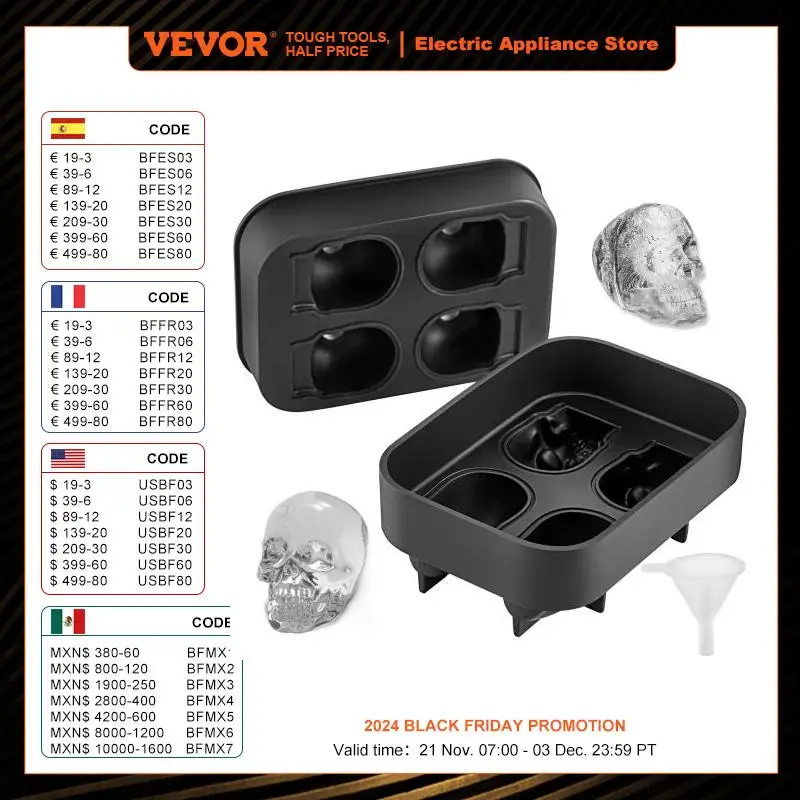 

VEVOR Ice Cube Maker Black Silicone 4 Grid 3D Skull Shape Tray Home Party Bar Cool Whiskey Icy Beverage Ice Ball Mold DIY Tool