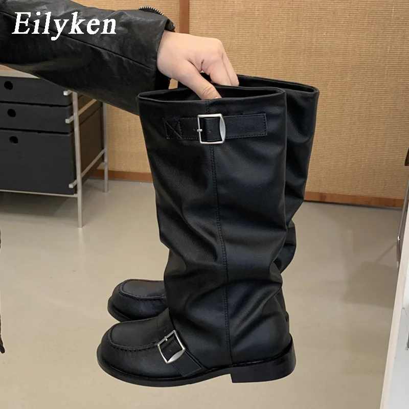 Eilyken Autumn Winter Fashion Sewing Round To Square Low Heels Women Knee-High Boots Vintage Design Belt Buckle Shoes
