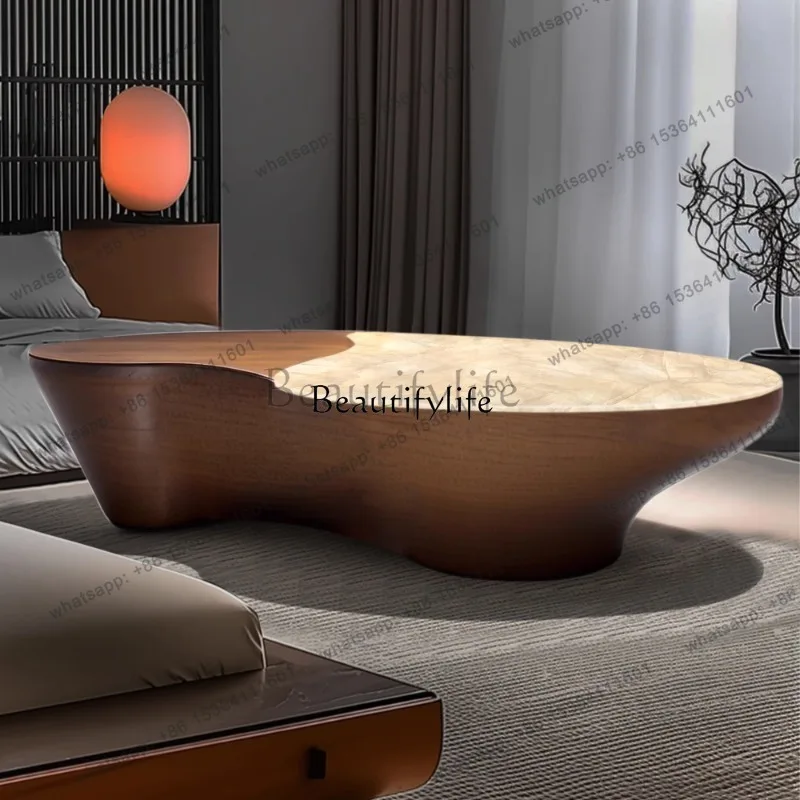 JJ *Luminous jade coffee table natural light luxury high-end modern simple living room square Nordic black walnut solid wood cof