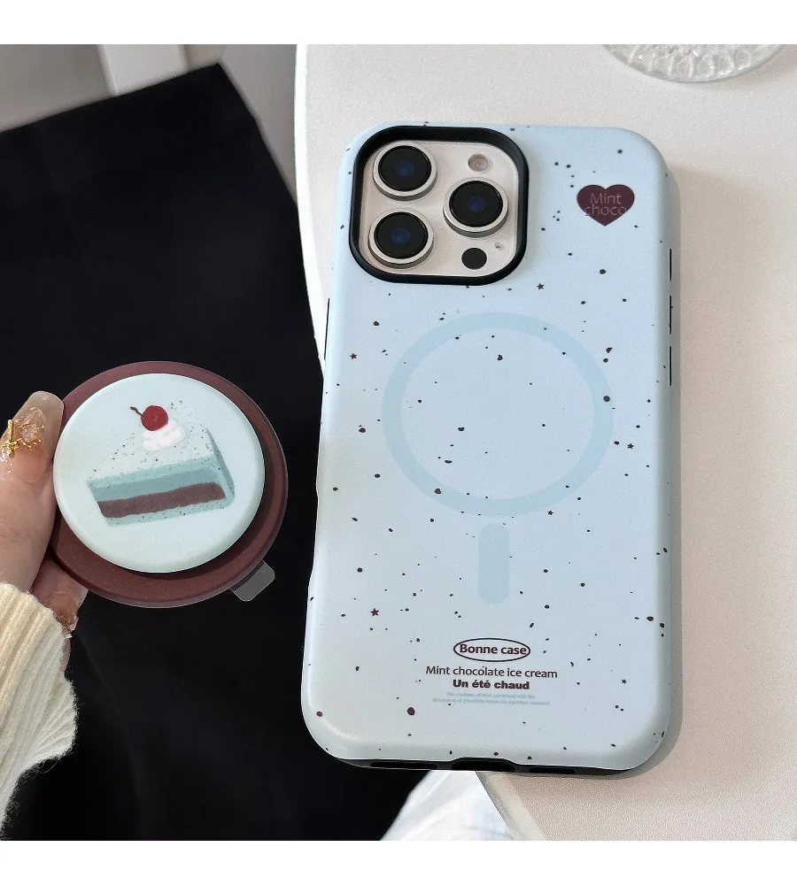 Mint Chocolate Cake Magnetic Foldable Stand Speckle Phone Case For Iphone 12 13 14 15 16 17 Light Blue Matte Hard Shell