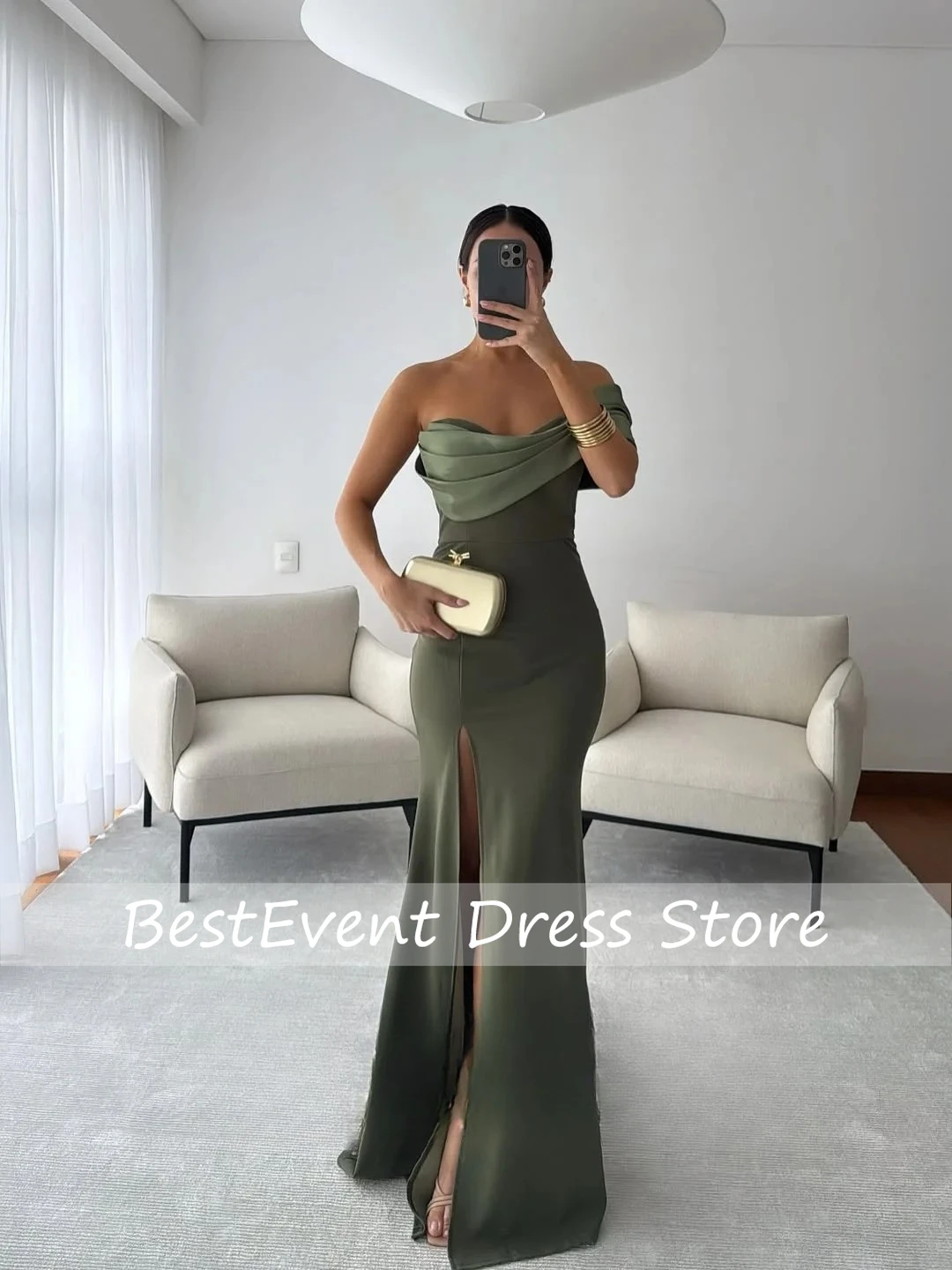 

Customized Dark Green One Shoulder Sheath Pleated Prom Dress Evening Dress High Slit Party Dress for Women vestidos de fiesta