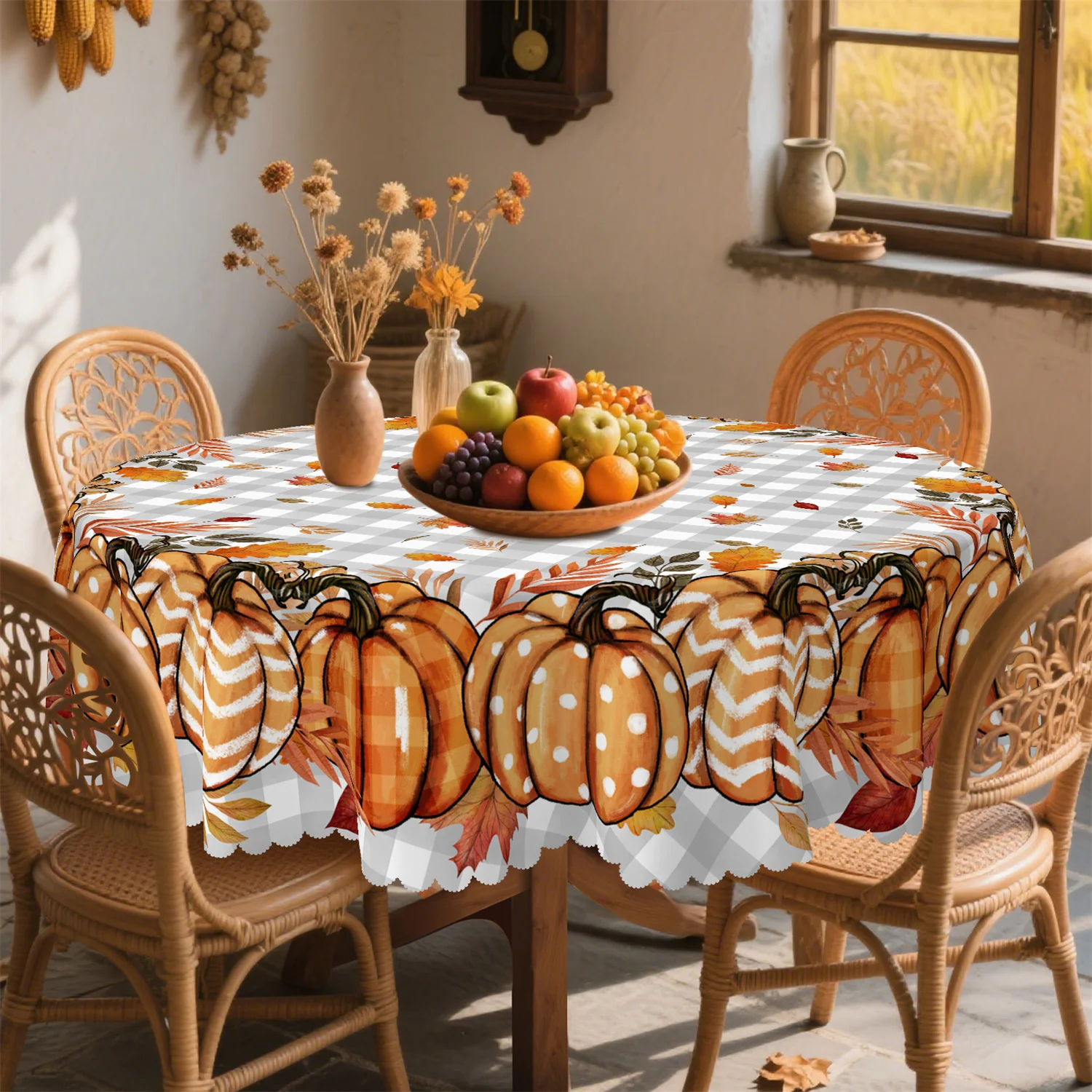 Buffalo Gobo Dot Pumpkin Leaves Fall Tablecloth 1 Pack Suitable for Thanksgiving Kitchenzyc