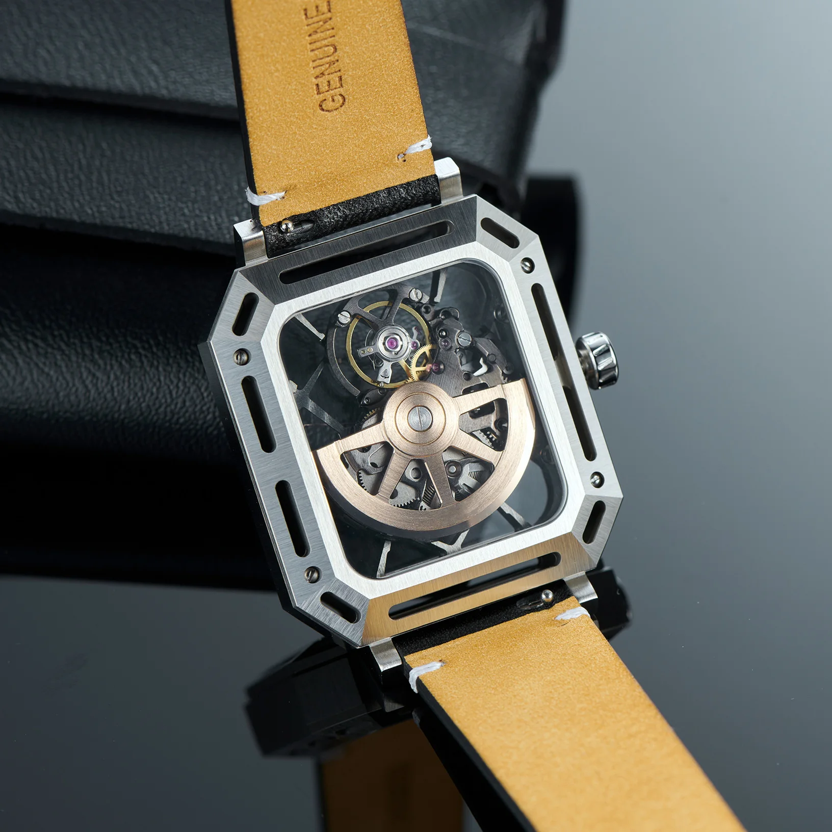 OBLVLO Men Automatic Watch 38MM*42MM Rectangle Mechanical Wristwatch Waterproof Sapphire Luminous Skeleton Dial