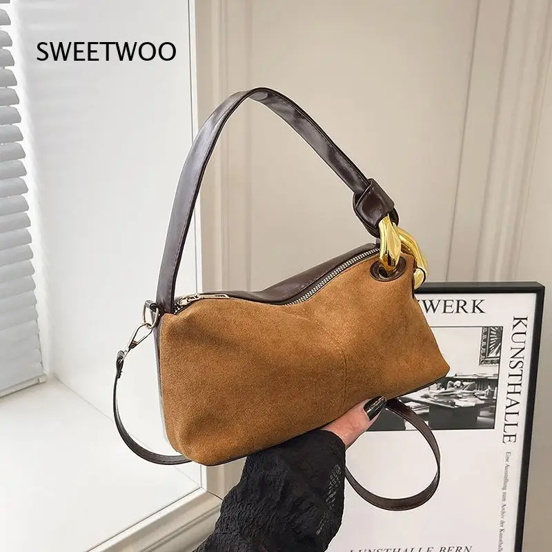 Vintage Suede Faux Leather Spliced Shoulder Bag Gold Metal Buckle Removable Strap Retro Casual Crossbody Handbag