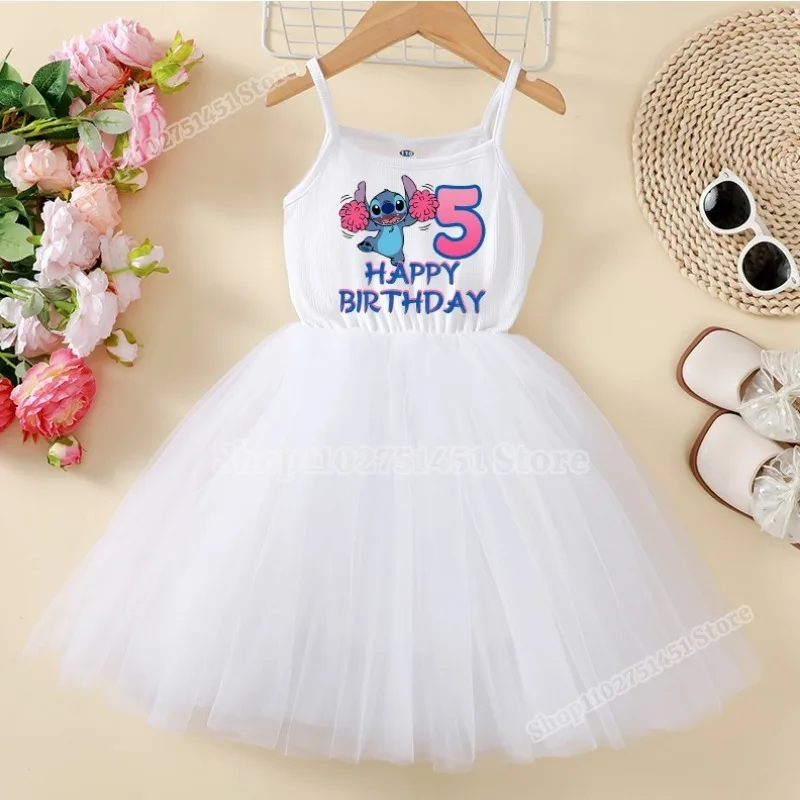 Disney Stitch Strap Dresses for Kids Girls Clothes Kawaii Lilo & Stich Birthday Number Print Party Skirts Cartoon Mesh Dress