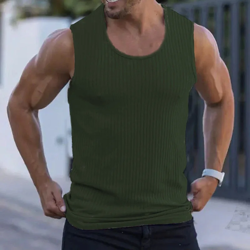 Summer Men's Sleeveless Wide Shoulder Knitted Striped Fitness Sports Casual Slim Fit Vest Men's