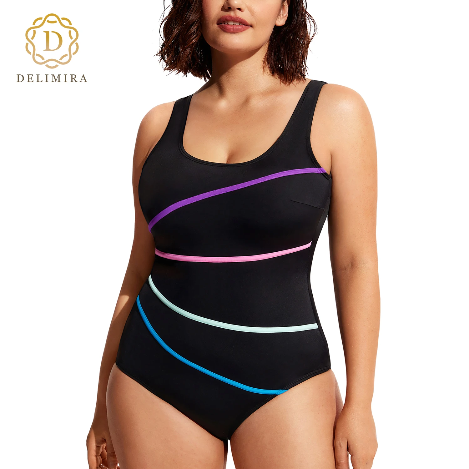 

DELIMIRA Women's Swimwear Striped One Piece Swimsuit Plus Size Modest Bathing Suits