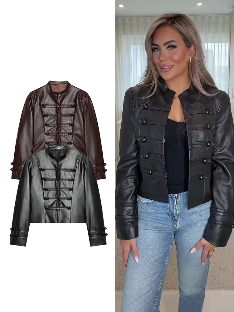 TFMLN Vintage Women Stand Collar Leather Jacket Designer Short Faux Leather Coat Streetwear Solid Color Fashion Outwear New