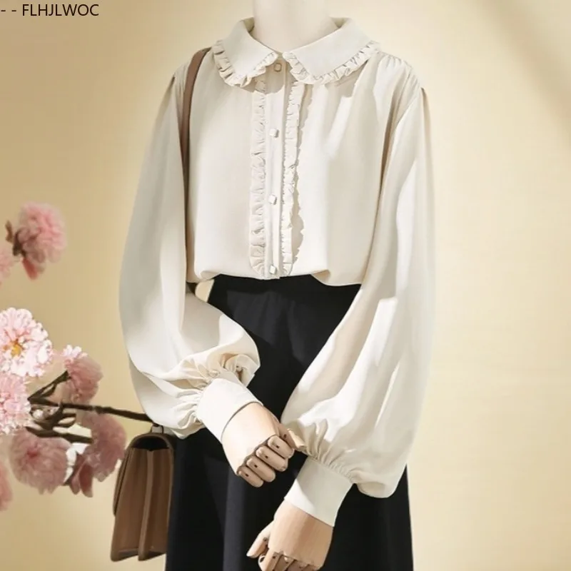 Cute Chic Ruffles Tops Korea Japan Style 2025 Autumn Long Sleeve Preppy Style Retro Vintage Women Peter Pan Collar Top Blouses