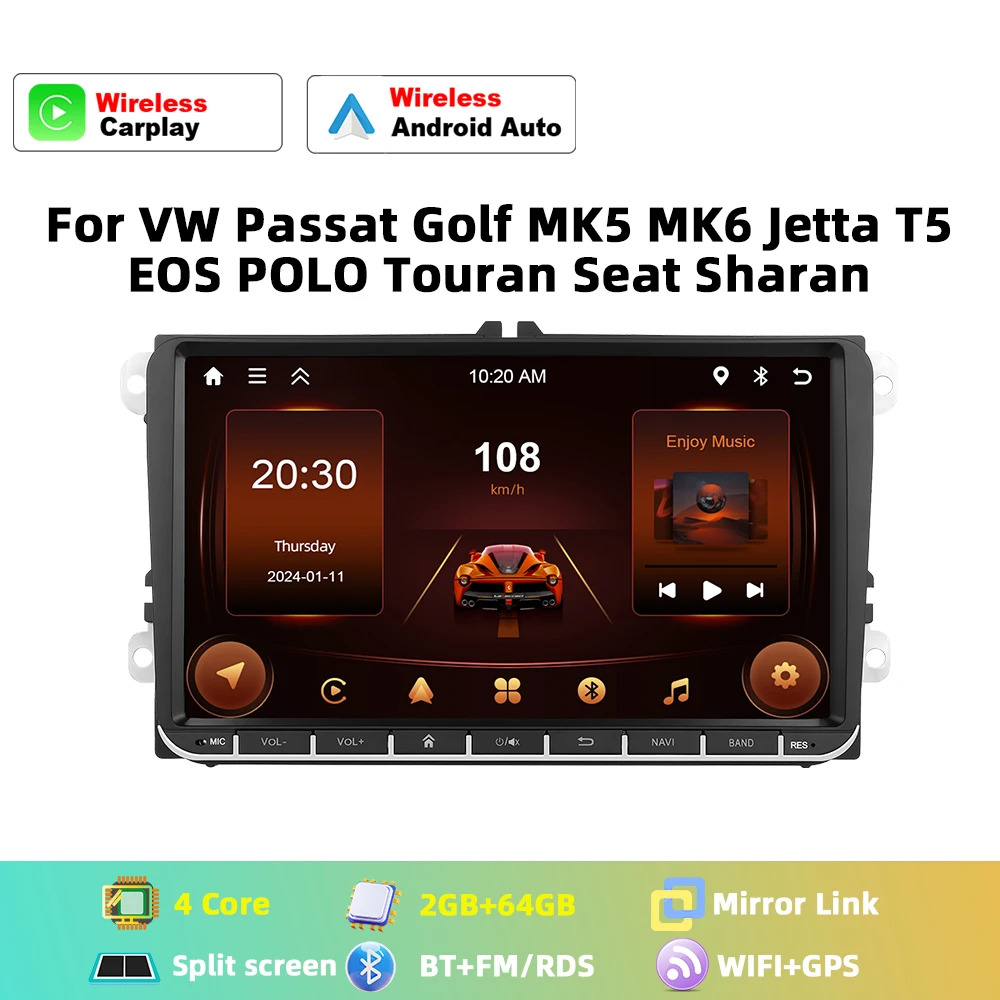 Podofo 6+128G Android 2Din Autoradio Stereo 9" Touchscreen GPS-Navigation für VW Volkswagen Passat Golf MK5 MK6 Jetta T5 EOS POLO Touran Seat Skoda Multimedia-Player