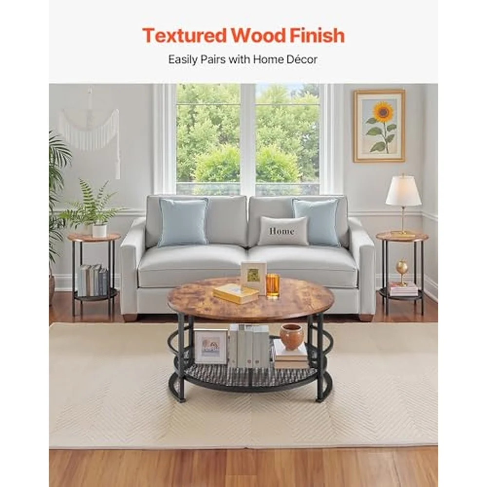 3 Pieces Round Coffee Table Sets 31.5 in Industrial Living Room Table with 2 End Side Tables Easy Assembly Coffee and