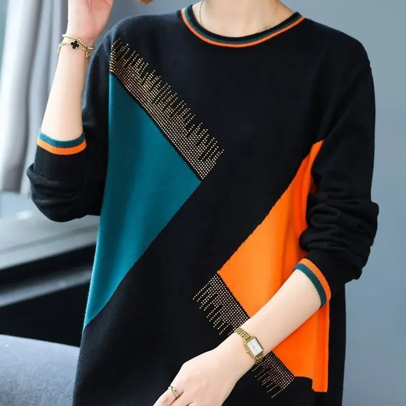 

Female Clothing Casual Geometric Spliced Jumpers Winter O-Neck Korean Loose Basic Fashion Diamonds Knitted Midi Sweaters PH217