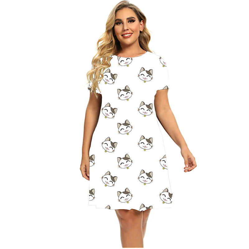 Funny Cat Painting Pattern Print Dresses Women Short Sleeve Round Neck A-Line Dress Summer Fashion Clothing Plus Size Dress 6XL