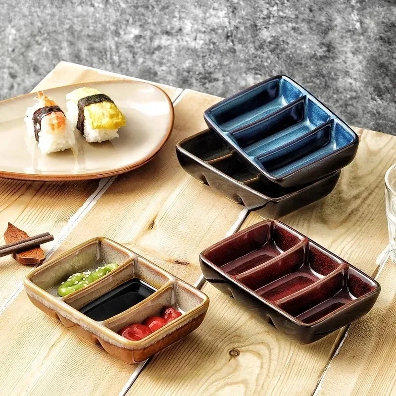 Kiln Changes Ceramic Seasoning Dish Soy Sauce Dish Vinegar Dish Spice Dishes Dipping Dishes Three Grid Plate Kitchen Tableware